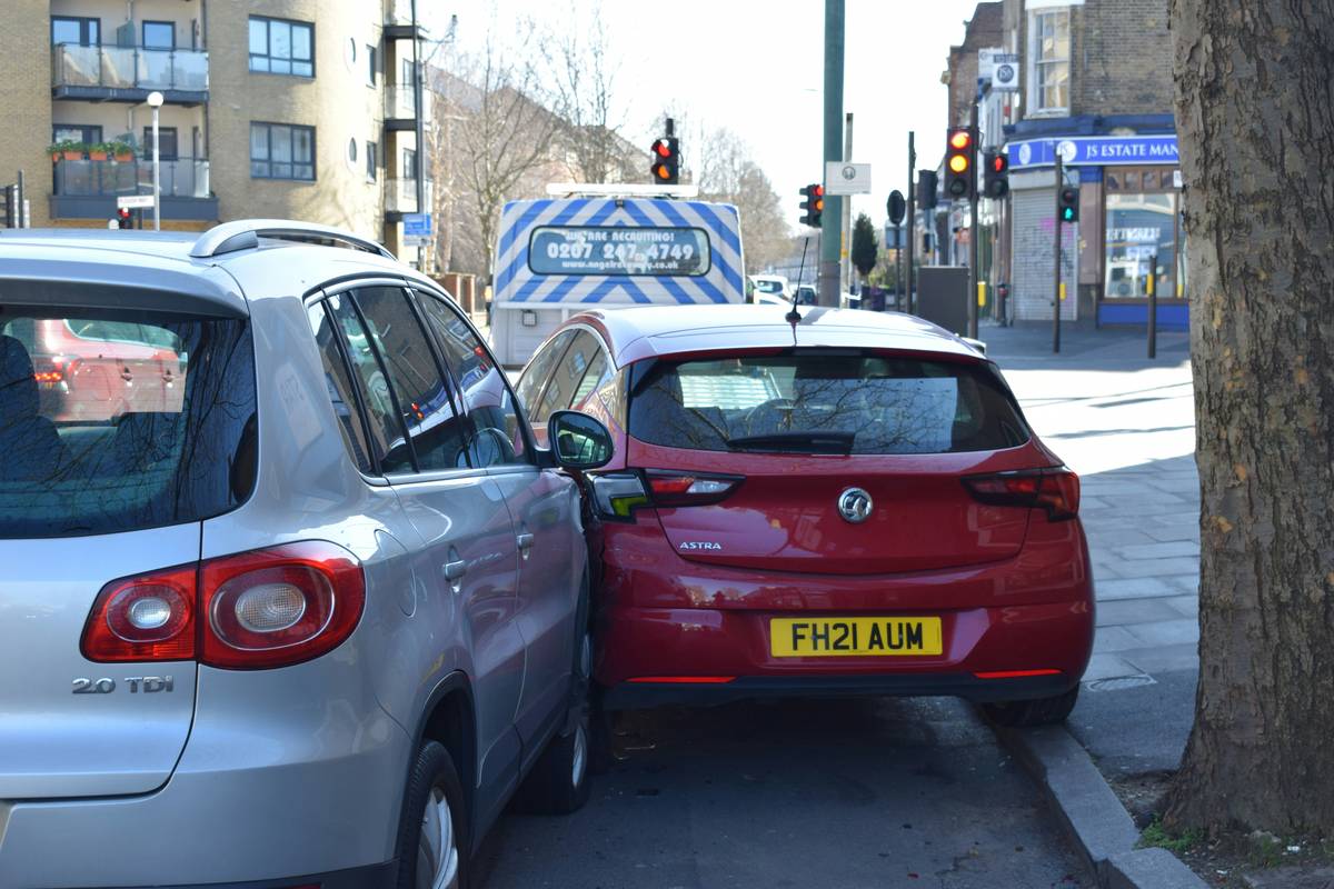 Images of two cars involved in a road traffic collision in London.
